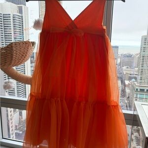 Girls Orange Tulle Party Dress with Bow Accent